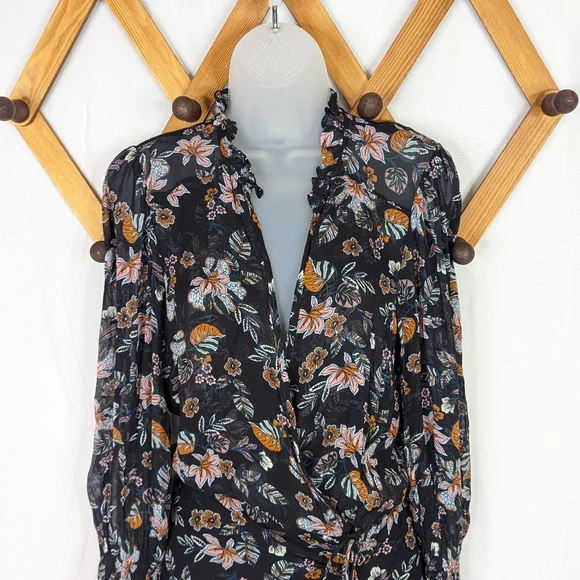 Veronica Beard Shaia Floral Ruched Asymmetrical Midi Dress Black Size 0 - Picture 5 of 11